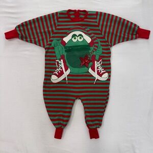 Vintage Zoodles Frog Romper 18M Christmas Red Green Striped 1994 Made USA